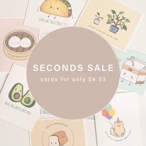 Vente secondes // cartes de vœux à prix réduit - imperfections - secondes chances - offre spéciale - mignonne et piquante - cartes faites à la main - jeux de mots