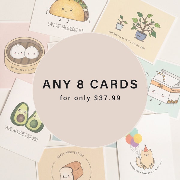 Pick 8 for 37.99 (CAD)  // assorted greeting card bundle - variety pack - punny greeting cards - cards for him - cards for her - puns