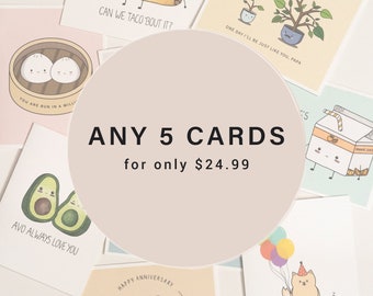 Pick 5 for 24.99 (CAD)  // assorted greeting card bundle - variety pack - punny greeting cards - cards for him - cards for her - puns