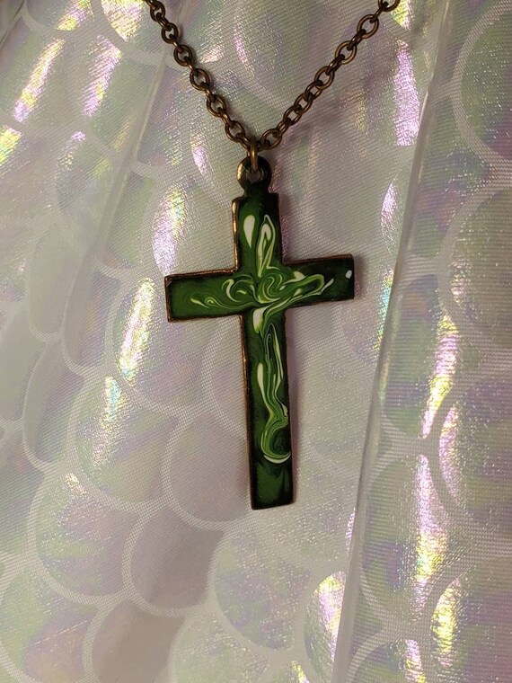 Vintage Copper and Green and White Enamel Cross o… - image 9
