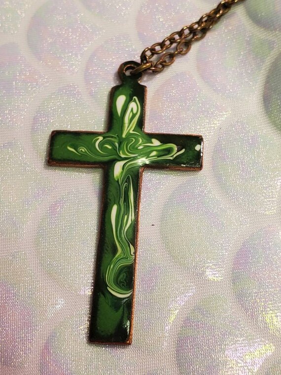 Vintage Copper and Green and White Enamel Cross o… - image 5