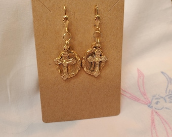 Upcycled Vintage Mother Mary & New Italian Goldtone Crusafix Charm Leverback Earrings