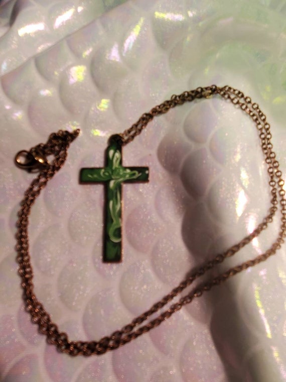 Vintage Copper and Green and White Enamel Cross o… - image 2