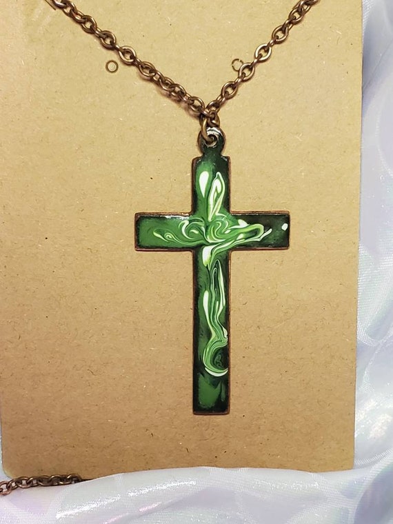 Vintage Copper and Green and White Enamel Cross o… - image 4