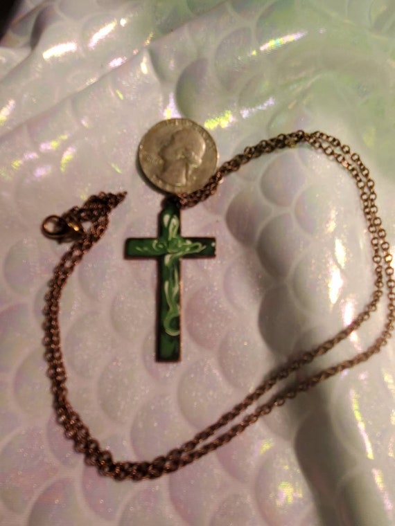 Vintage Copper and Green and White Enamel Cross o… - image 1