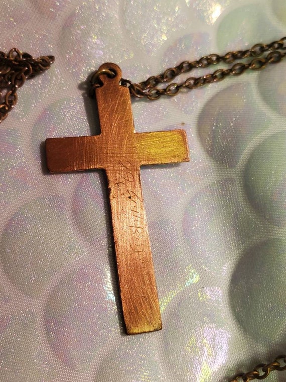 Vintage Copper and Green and White Enamel Cross o… - image 10