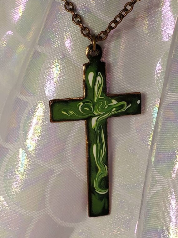 Vintage Copper and Green and White Enamel Cross o… - image 7