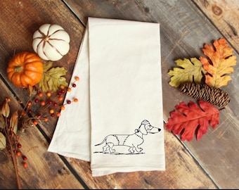 Dachshund kitchen towel, Halloween dachshund, halloween home decor, flour sack kitchen towel. Dachshund towel.