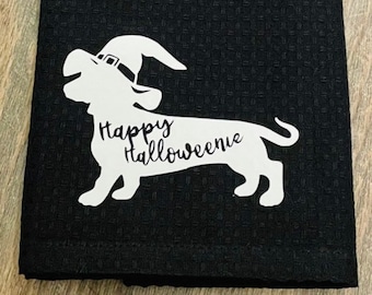 Dachshund kitchen towel, Halloween dachshund, halloween home decor, halloween sausage dog kitchen towel. Dachshund towel.