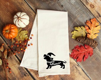 Dachshund kitchen towel, Halloween dachshund, halloween home decor, flour sack kitchen towel. Dachshund towel.