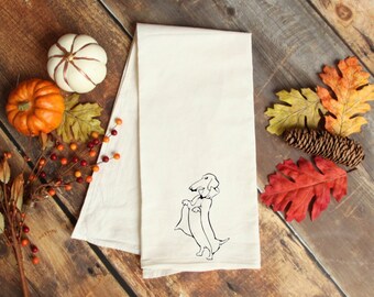 Dachshund kitchen towel, Halloween dachshund, halloween home decor, flour sack kitchen towel. Dachshund towel.