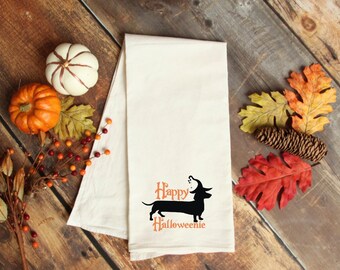Dachshund kitchen towel, Halloween dachshund, halloween home decor, flour sack kitchen towel. Dachshund towel.