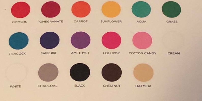 May include: A colour chart with 15 different paint swatches. The swatches are labelled with the following names: Crimson, Pomegranate, Carrot, Sunflower, Aqua, Grass, Peacock, Sapphire, Amethyst, Lollipop, Cotton Candy, Cream, White, Charcoal, Black, Chestnut, Oatmeal.