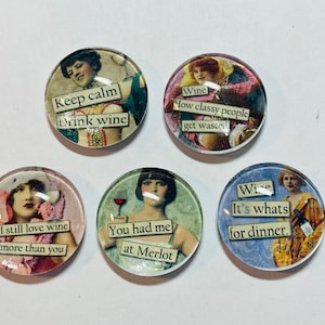 Wine magnets, retro wine magnets, wine gift, wine themed gift, wine handmade gift, set of five magnets, wine gift for friends