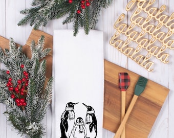 Paño de cocina con pingüinos, regalo navideño de pingüinos, paño de cocina con pingüinos, decoración navideña para el hogar, paño de cocina tipo saco de harina. Paño de cocina con pingüinos