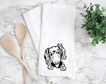 Dachshund kitchen towel, dachshund silhouette towel, dachshund handmade, dachshund home decor, flour sack kitchen towel. Dachshund towel.