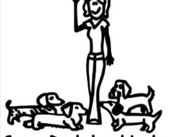 May include: A black and white line drawing of a woman with her arms raised, smiling, and standing with three dachshund dogs. The text "Crazy Dachshund Lady" is below the image.