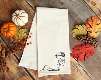 Dachshund kitchen towel, Halloween dachshund, halloween home decor, flour sack kitchen towel. Dachshund towel.