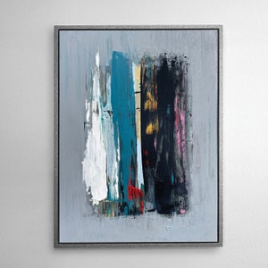 May include: Abstract painting with vertical brushstrokes in shades of blue, black, white, and red on a gray background. The painting is framed in a silver frame.