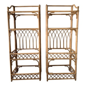 Rattan Wicker Bamboo Etegere Shelf Unit With Glass Shelves - Set of 2