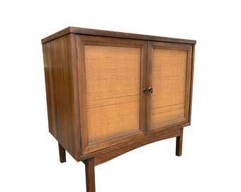 1970s Mid Century Modern Vintage Compact Cabinet With Rattan Front Doors