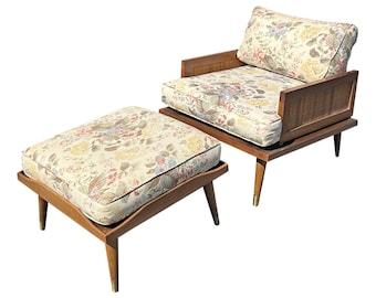 Vintage Adrian Pearsall Style Chair With Ottoman in Cain and Wood Mid Century Modern Seating