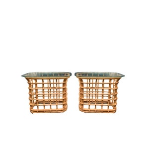 1980s Boho Chic Modern Bamboo Rattan Side Tables - a Pair