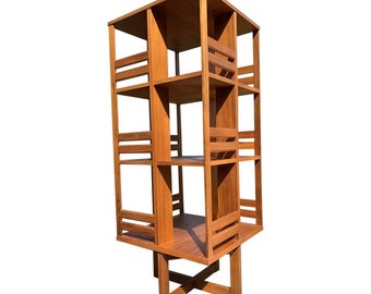 1980s Vintage Danish Style Teak Modern Rotating Bookcase with X Base, Style Made in Sweden