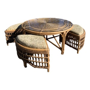 Vintage Rattan Wicker Low Table Hideaway Nesting Chairs Bamboo Boho Chic - Set of 5