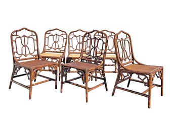 1980s Vintage Bamboo Rattan Dining Chairs With Cane Seating in Tortoise Color- Set of 6