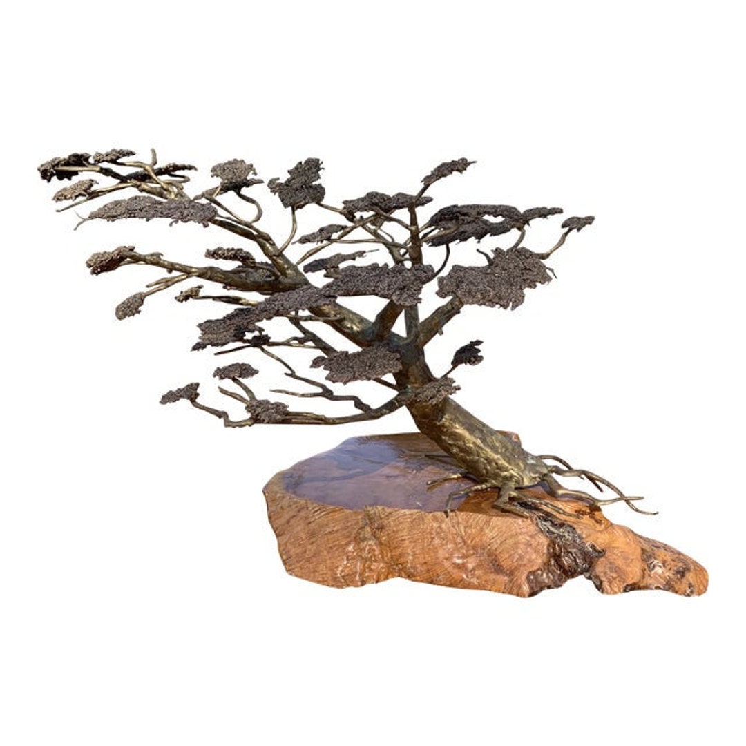 1970s Brass Bonsai Tree Sculpture Art on Burl Wood Etsy