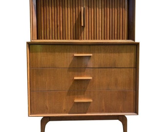 1960s Mid Century Modern Vintage Tall High Dresser With Curved Legs and Tambour Doors