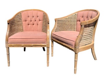 Vintage Faux Bamboo and Cane Tufted French Style Chairs - Set of 2