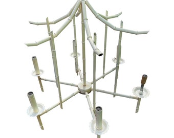 1960s Vintage Iron Pagoda Faux Bamboo Lighting Fixture Chandelier in White
