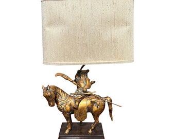 1990s Frederick Cooper Asian Style Brass Table Lamp Samurai With Sword on Horse With Shade