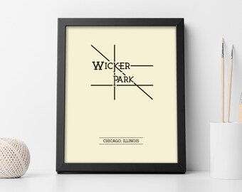 Wicker Park Chicago Neighborhood Map 8x10 Wall Art Print