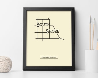 South Shore Chicago Neighborhood Map 8x10 Wall Art Print