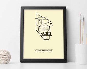 Queen Anne Seattle Washington Neighborhood Map 8x10 Wall Art Print