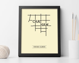 Chatham Chicago Neighborhood Map 8x10 Wall Art Print