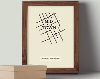 Midtown Detroit Michigan Neighborhood Map 8x10 Wall Art Print