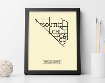 South Chicago Neighborhood Map 8x10 Wall Art Print