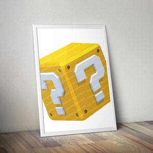 May include: A yellow cube with a question mark on each side. The cube is a 3D rendering of a classic video game item.