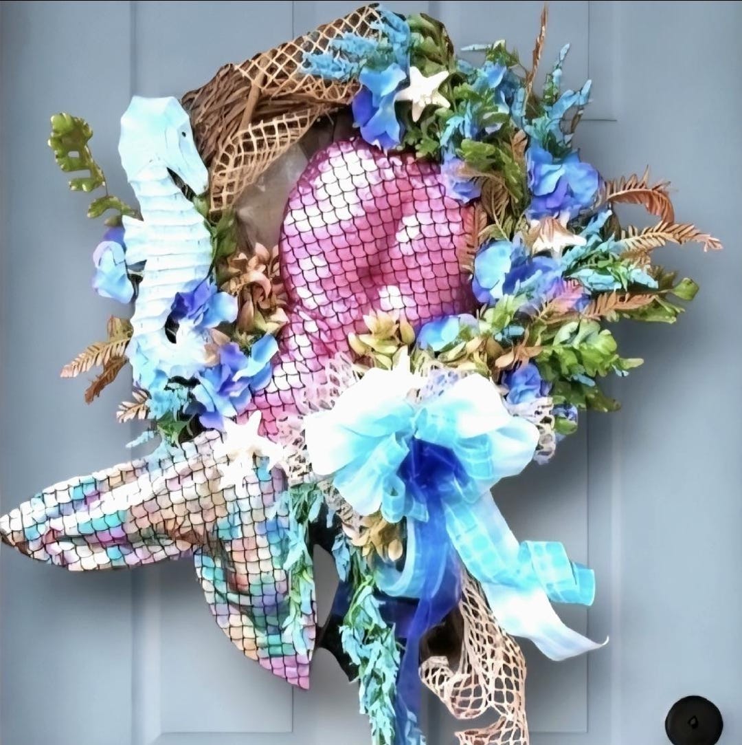 Large Coastal Mermaid Wreath, Beach Front Door Wreath, Nautical Summer ...