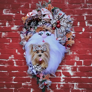 Dog wreath, Santa wreath, Christmas Holiday Santa and Yorkie Wreath, ChantybyChanty