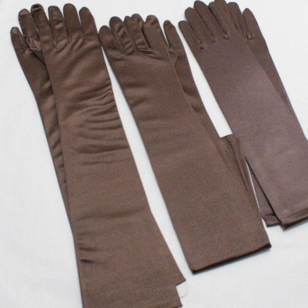 22", 18", 15", or 9" Dark Brown / Brown satin gloves, Bridal gloves, long full finger gloves, Gloves, wedding gloves, Evening gloves