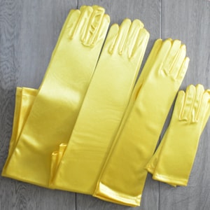 22" or 14 1/2" or 8 1/2" Bright Yellow Stretch Satin gloves, Bridal gloves, long full finger gloves, wedding,Evening gloves