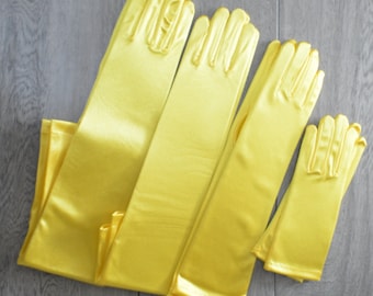 22" or 14 1/2" or 8 1/2" Bright Yellow Stretch Satin gloves, Bridal gloves, long full finger gloves, wedding,Evening gloves