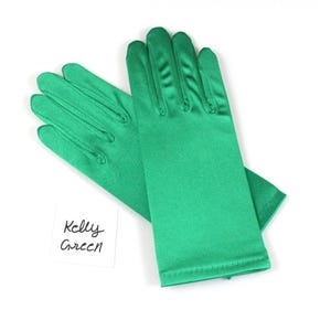 18&quot;, 15&quot; or 8 1/2&quot; Kelly Green Satin Gloves, Classic Adult size Wrist Length Stretch Gloves, Kelly Green Evening gloves, Green satin gloves