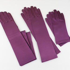 22&quot;, 15&quot;, or 9&quot; Plum Stretch Satin Gloves Classic Adult size Opera Length Stretch Gloves, Bridal gloves, Evening gloves