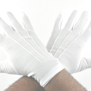 May include: A pair of crisp white formal gloves featuring three decorative stitched lines running down the back of each hand. The gloves are constructed from a smooth, opaque fabric and extend to cover the wrists, providing a clean and uniform appearance.